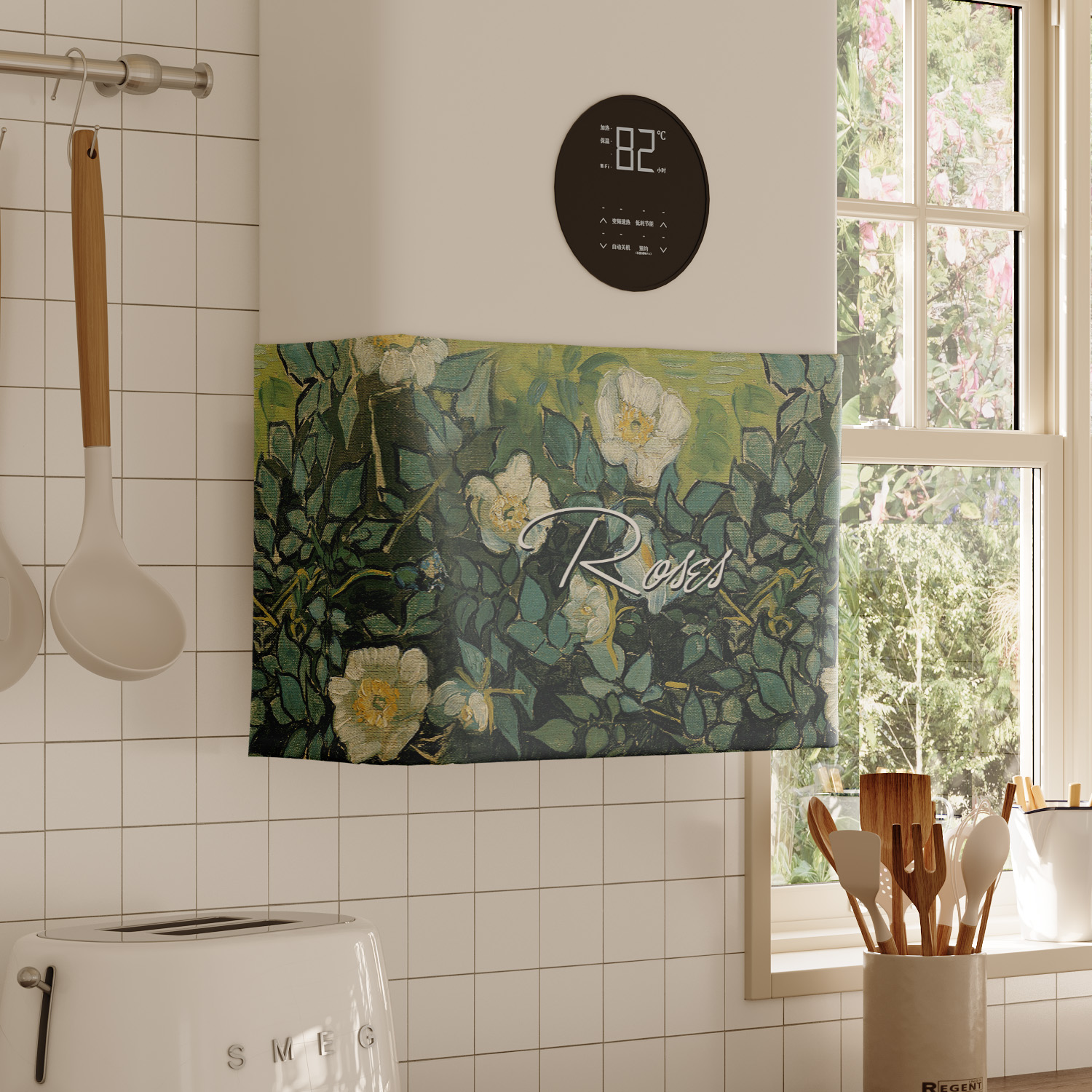 梵高油画美式热水器遮挡帘罩布水管遮丑帘布厨房燃气炉装饰帘魔术