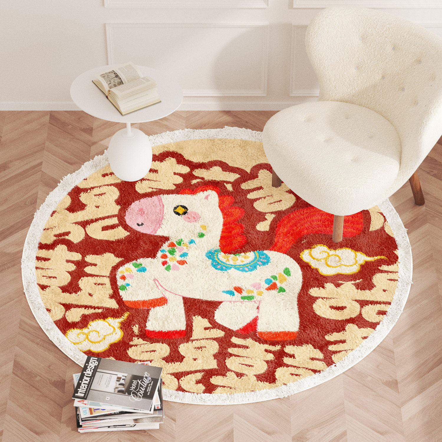 可爱小马 圆形地毯客厅沙发书房地垫ins梳妆椅卧室床边电脑椅轻奢