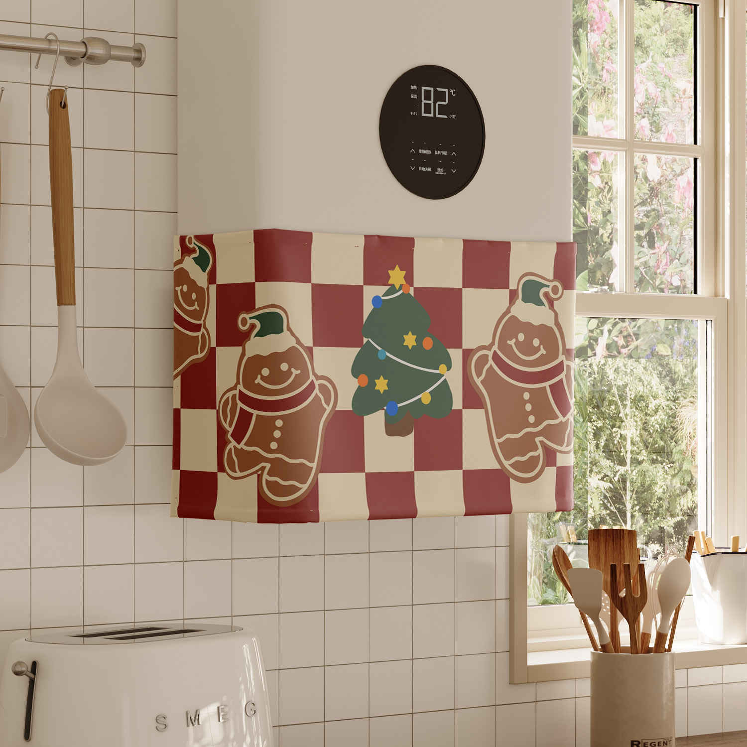 圣诞节卡通热水器遮挡帘罩布水管遮丑帘布厨房燃气炉装饰帘魔术贴