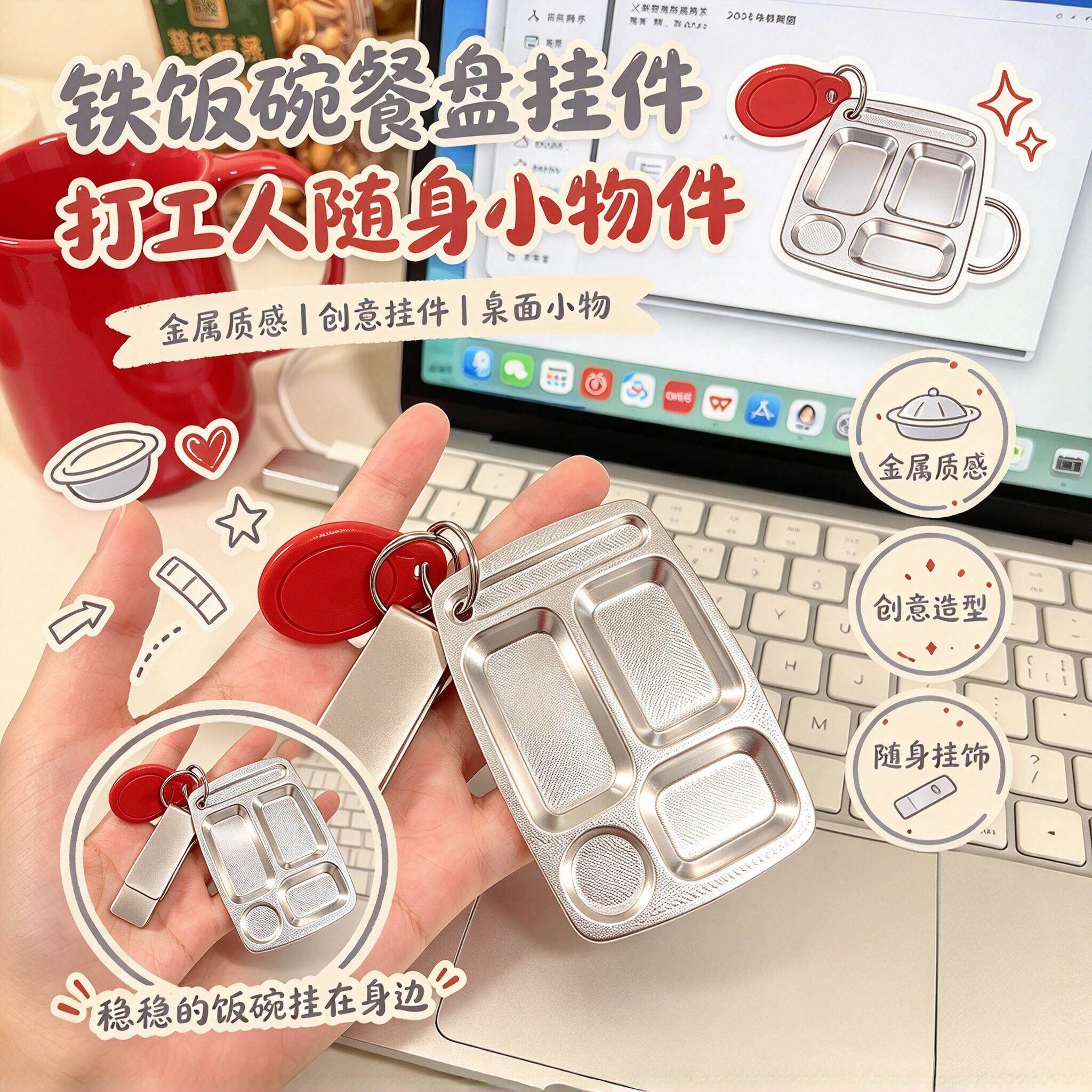 铁饭碗真小餐盘挂件打工人钥匙扣学生包挂饰整蛊玩具送朋友