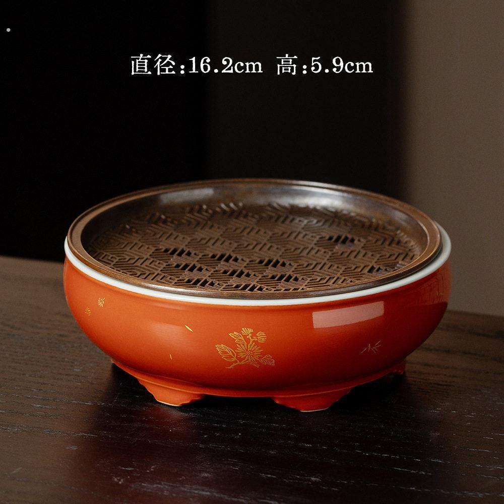 墨己 矾红仿古锡盖做旧壶承 文人干泡圆形陶瓷蓄水盘 茶道小茶盘