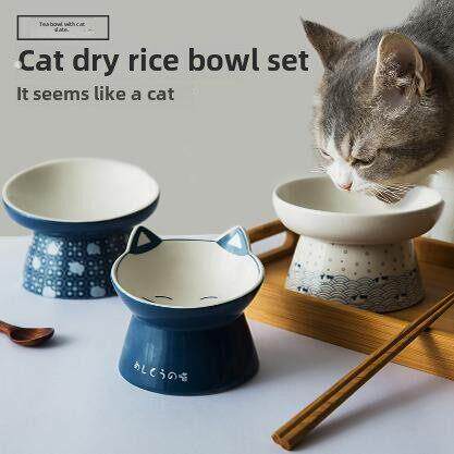 陶瓷猫碗日式高脚猫粮碗喝水碗保护颈椎病猫食盆防打翻宠物狗食碗