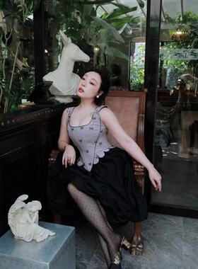 87Pv复古Vintage手工钉珠高级紫灰收腰显瘦Corset鱼骨胸衣