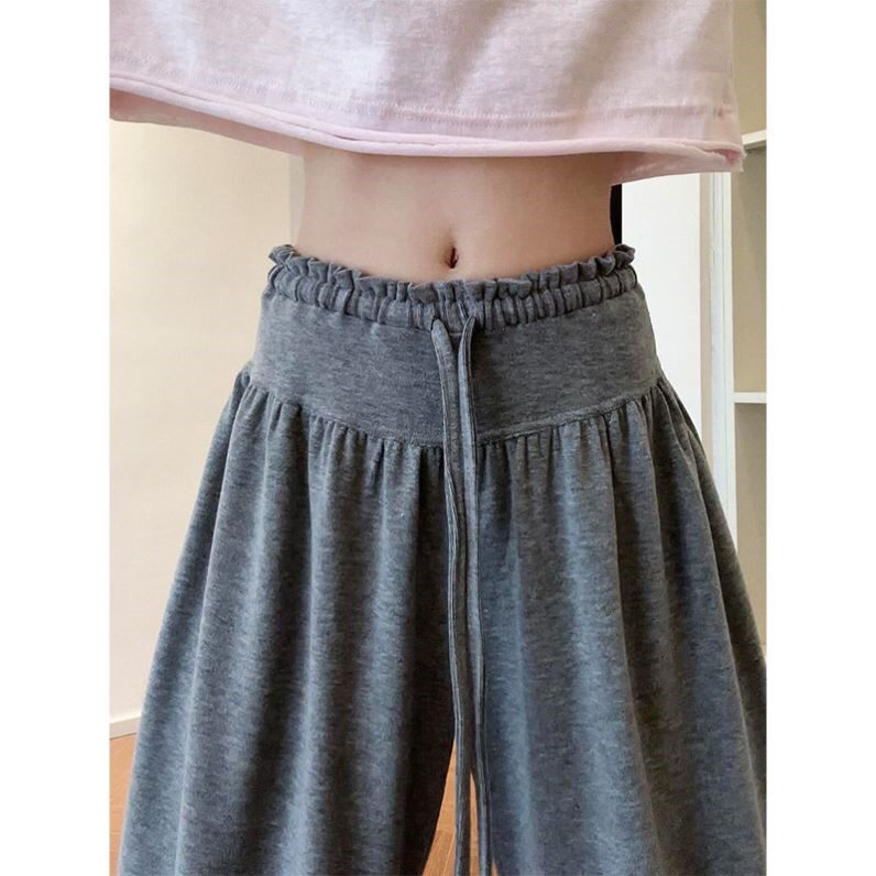 葡萄沫沫灰色花边高腰阔腿裤女秋季2026新款宽松慵懒风休闲运动裤
