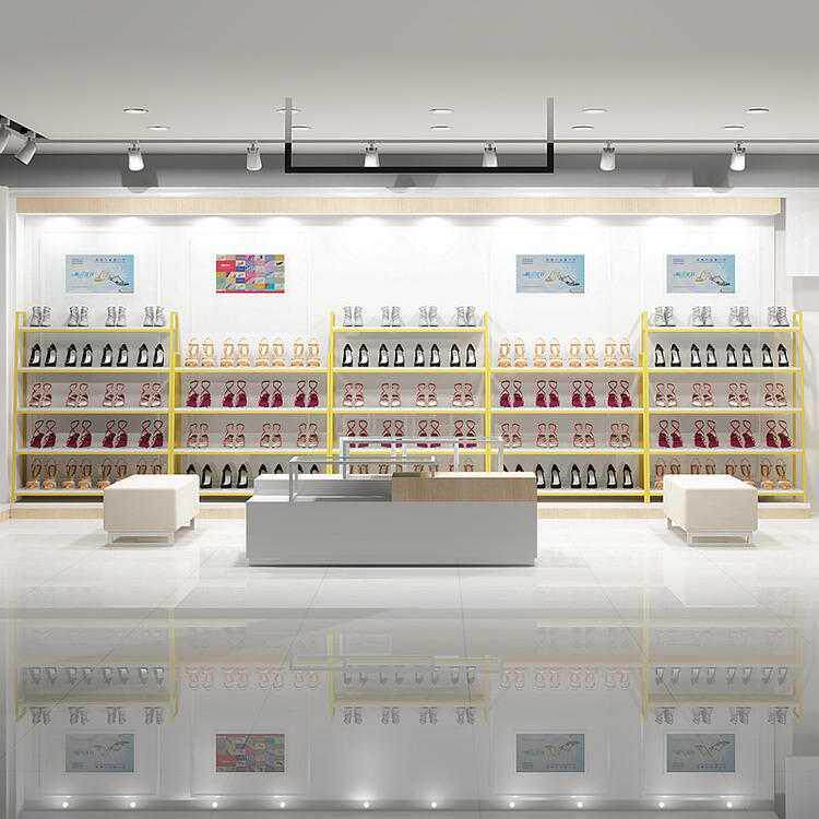 北欧鞋店鞋货架铁艺黄色鞋店鞋架包包展示架鞋包店装修效果图
