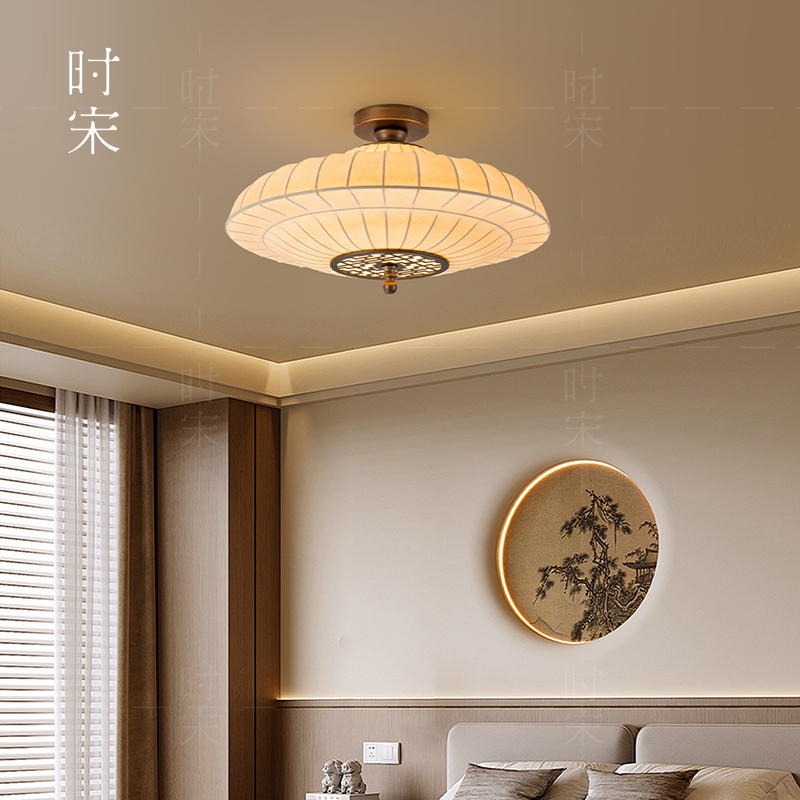 宋式美学卧室灯禅意中国风蚕丝布艺圆形灯罩玄关过道新中式吸顶灯