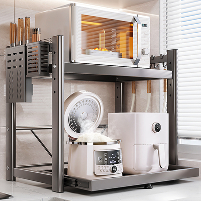 厨房微波炉置物架抽拉式多功能台面双层电饭锅烤箱电器一体收纳层