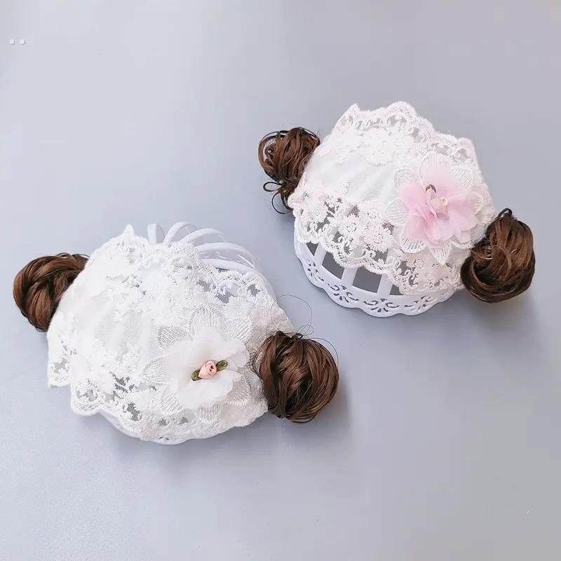 婴儿帽子夏季薄款甜美洋气公主小月龄女宝宝蕾丝假发发带护囟门帽