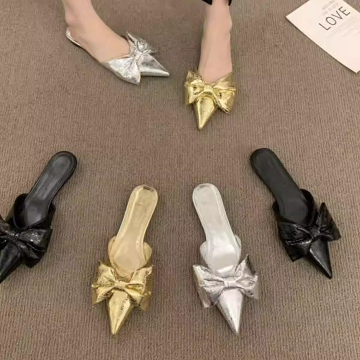 潮牌平底拖鞋女夏时尚外穿百搭尖头半拖大蝴蝶结包头凉拖鞋女凉鞋