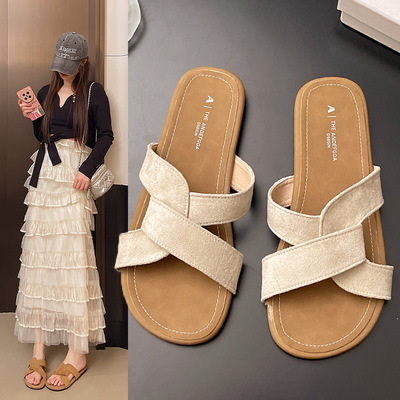 软皮平底罗马交叉凉拖鞋女2025年夏季新款外穿气质不累脚沙滩凉拖