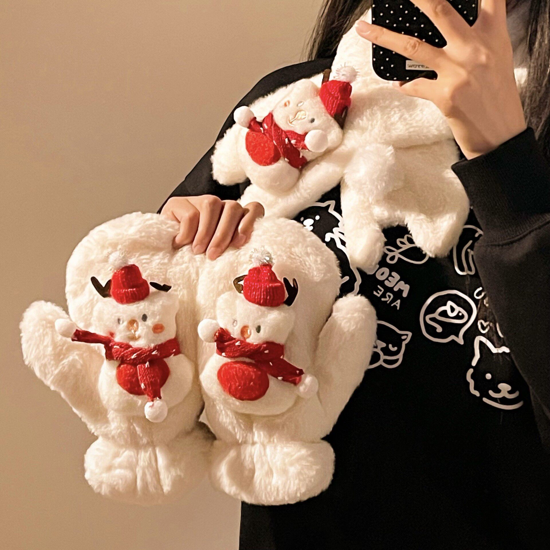 可爱圣诞节雪人手套毛绒连指棉手套女生秋冬挂脖手套毛茸茸保暖