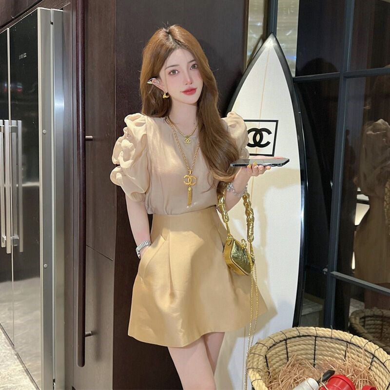 大码女装夏季单套装2026新款泡泡袖上衣遮肚显瘦百搭半身裙两件套
