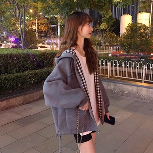 春秋季新款卫衣女学生韩版潮宽松bf格子上衣连帽加厚毛呢外套