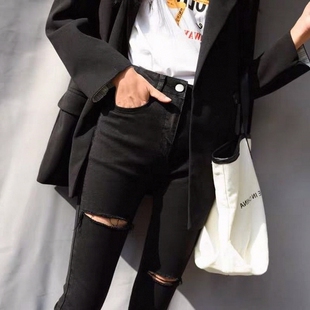 春秋季黑色破洞牛仔裤女士小脚裤九分显瘦弹力紧身高腰网红小黑裤
