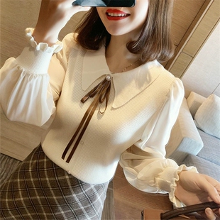 毛衣女外穿春秋新款修身打底衫娃娃领雪纺灯笼袖拼接针织衫女2026