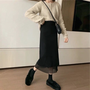 半身裙配毛衣包臀裙子A字针织女秋冬天超火的百褶两面穿中长款