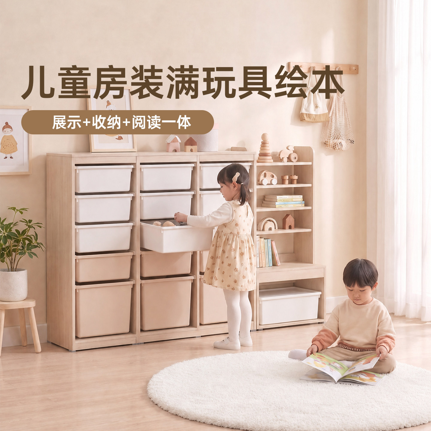 hanssem汉森儿童绘本玩具收纳柜实木宝宝书架展示架置物收纳架