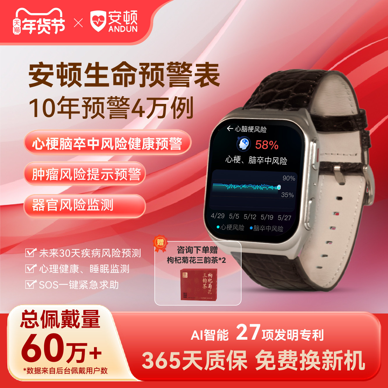 【年货狂欢季】安顿健康预警手表M5至尊系列 无创血压血脂尿酸血氧趋势监测心率器官睡眠质量智能手环监测