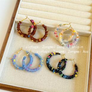 适合冬天戴的耳环女气质冬4cm细款秋冬彩虹甜甜圈 毛线C形耳圈毛