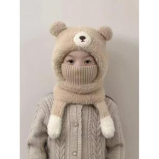 1岁宝宝帽子女款2025新款儿童口罩围脖一体帽冬季保暖男女童骑车