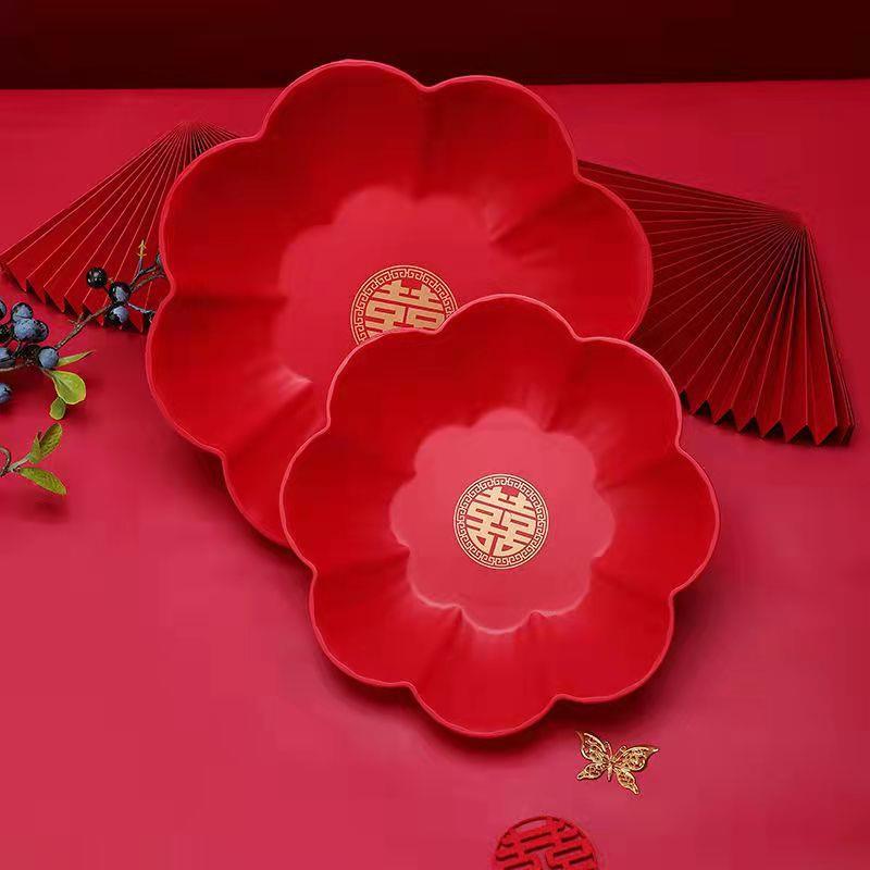喜庆红水果盘喜盘婚庆托盘糖果盘中式干果盘婚宴节庆结婚用品