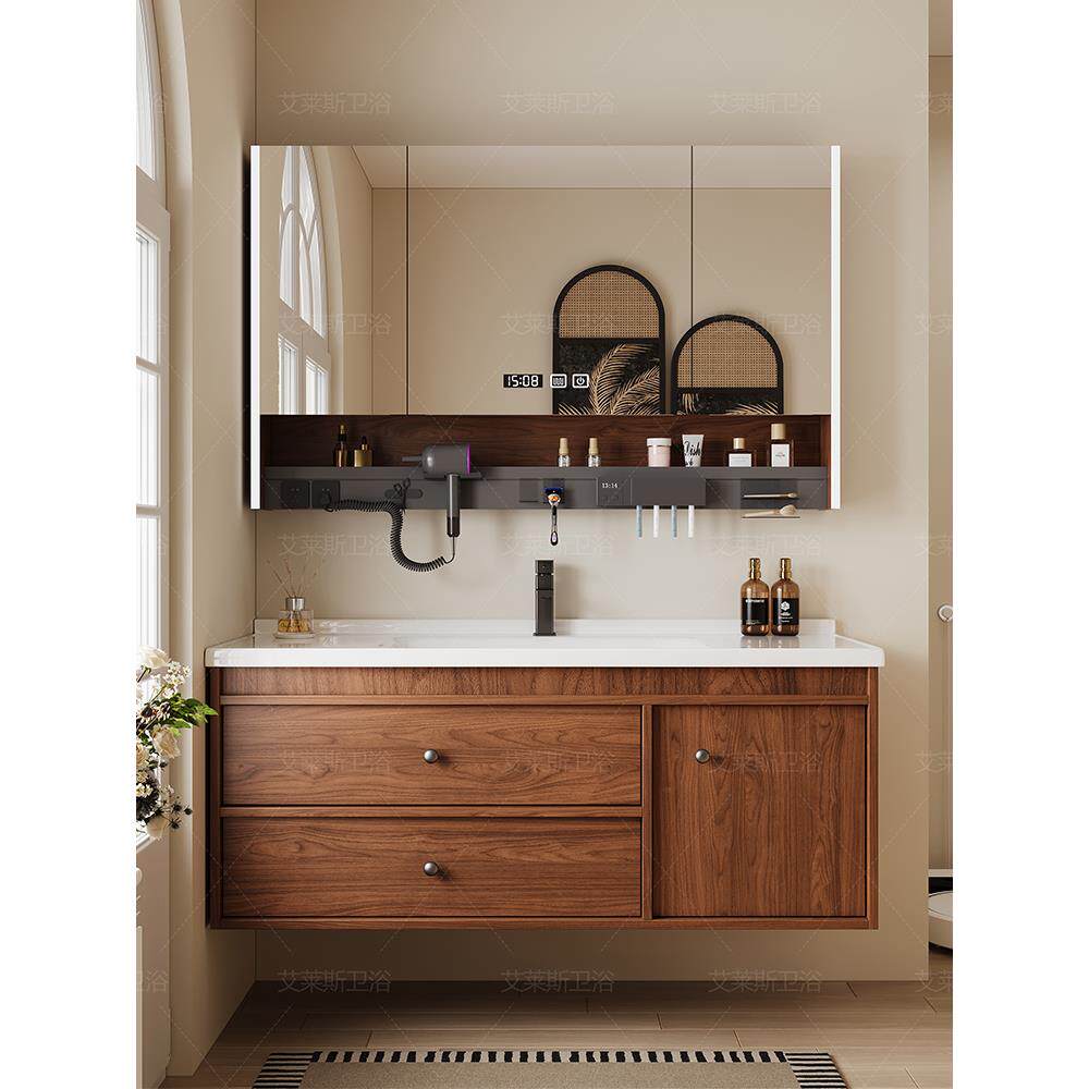 面盆柜洗漱台一体盆小户型洗漱池中古风胡桃木浴室柜陶瓷卫生间洗