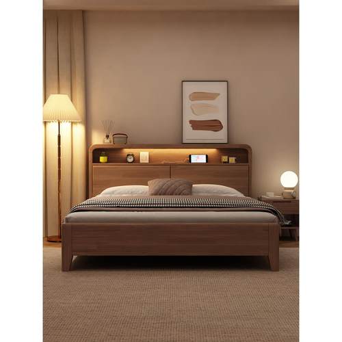 180cmx200cm双人床北欧实木床简约现代胡桃色主卧床1.8米床1.5双