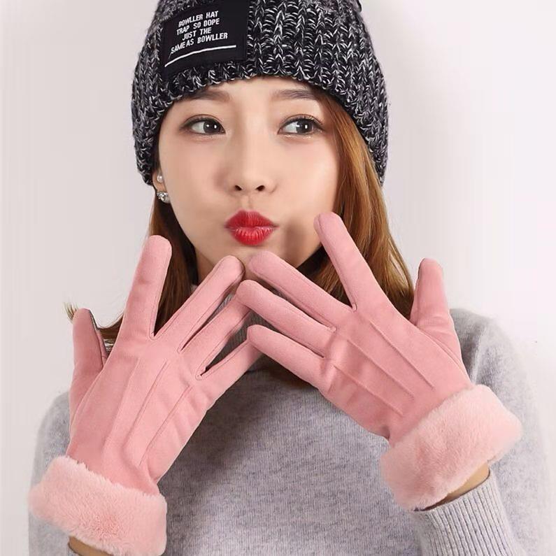 摩托车手套女款骑车手套女款女士麂皮绒冬天保暖防寒韩版加绒加厚