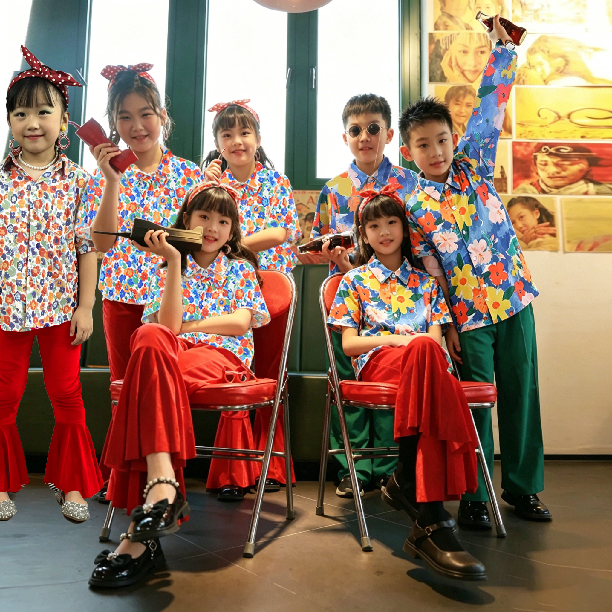 80年代主题怀旧表演出服装儿童幼儿园复古港风喇叭裤走秀女童套装