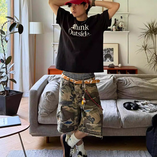 大口袋破洞补丁牛仔短裤hiphop美式复古欧美裤子男款设计感五分裤
