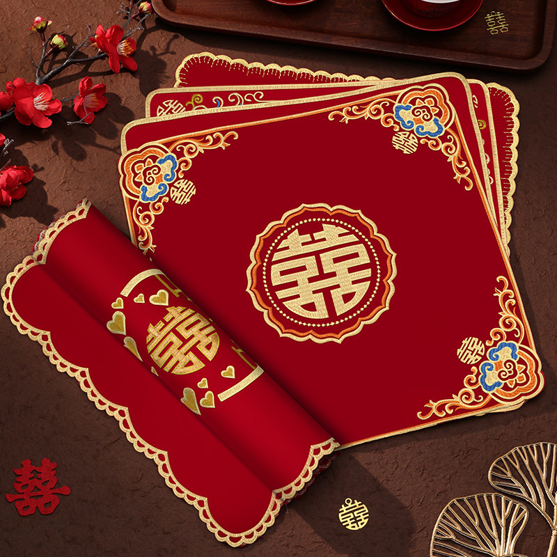 结婚喜帕全棉高档红色喜字重工刺绣方巾婚礼新娘手帕陪嫁手绢婚庆