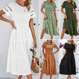 Short women sleeved white dresses pleated 白裙连衣长裙Spring