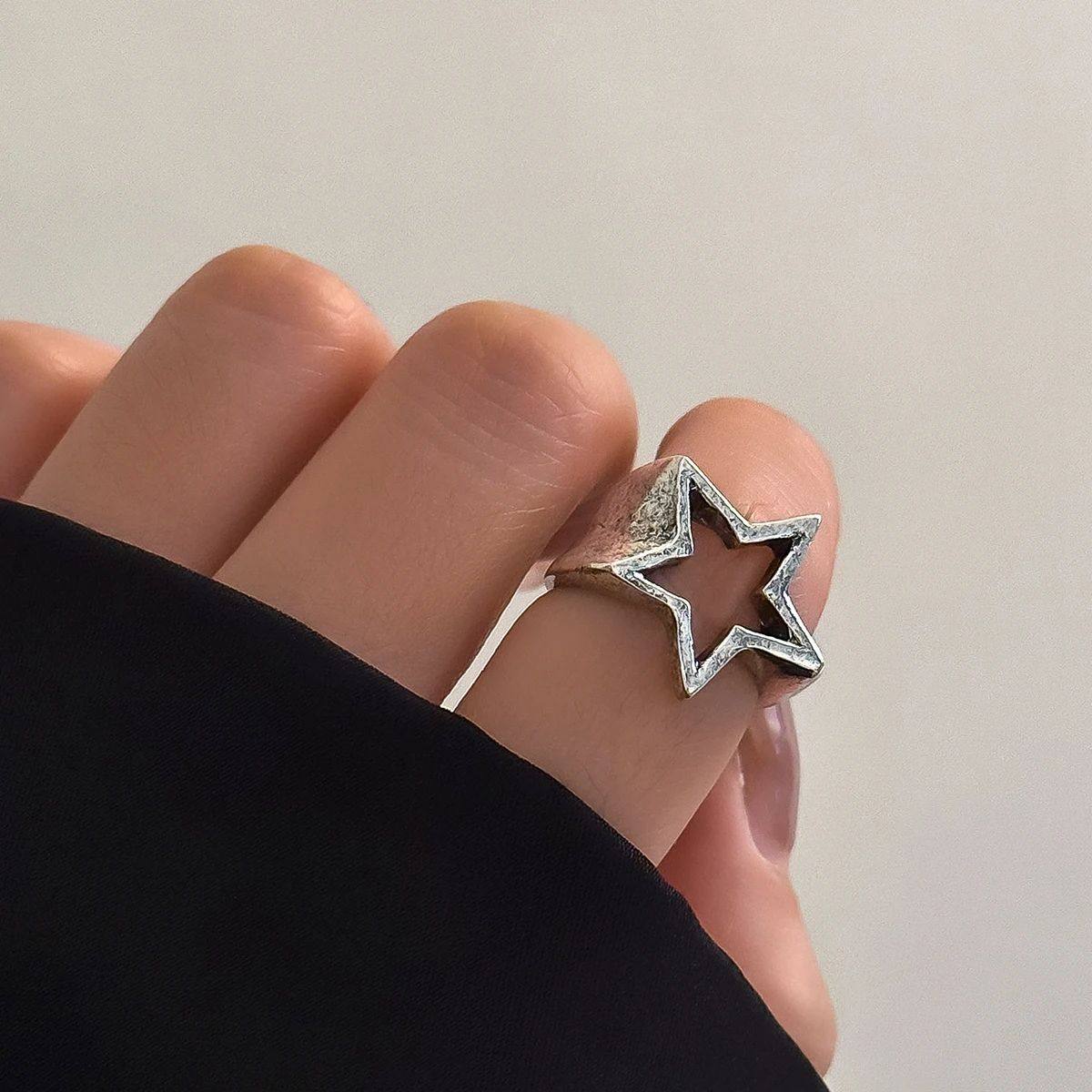 Punk Hollow Out Thick Geometric Star Open Ring for Women