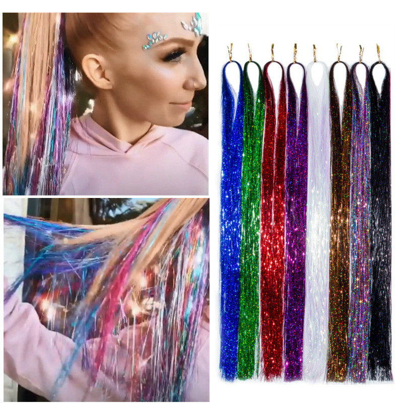 2021 Sparkle Shiny Hair Tinsel Rainbow Silk Hair Extensions