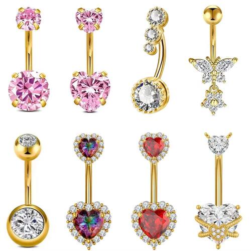 14G Double Heart Serived Belly Button Ring Red Purple Color