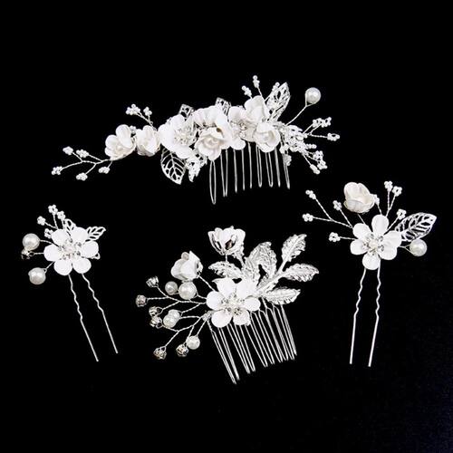1 Piece Set Red Bean Purple Flower Pearl Crystal Hair Comb,