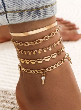 Bohemian Key Charm Anklet Set For Women Love Heart Lock