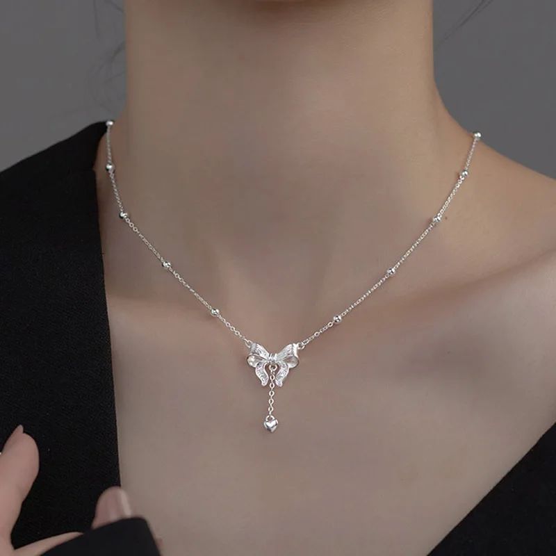 925 Sterling Silver Exquisite Bow Heart Pendant Necklace