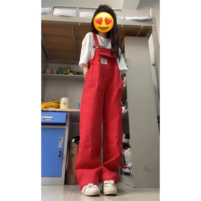 红色背带短裤美式复古女夏季大码胖妹妹宽松直筒显瘦阔腿长裤潮