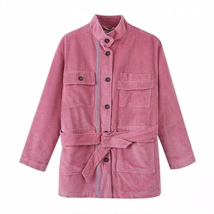 全棉灯芯绒粗条绒多口袋休闲腰带工装风中长款保暖风衣棉衣外套女