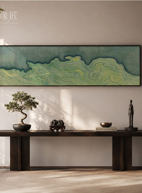 《岚纹》现代抽象青绿流线山形意境客厅沙发背景墙横版装饰画