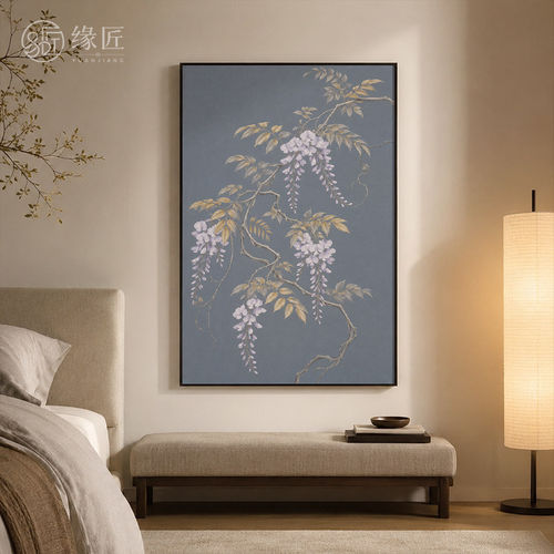 《紫藤》新中式侘寂风蓝灰底工笔紫藤装饰画书房玄关静谧竖版挂画