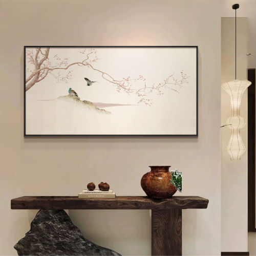 《梅枝》新中式清新浅底梅石挂画客厅卧室玄关背景墙横版装饰画