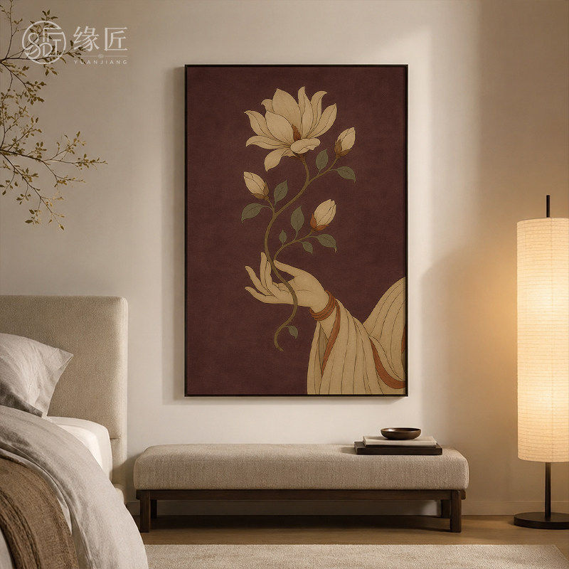 《拈花》新中式禅意酒红底佛手玉兰装饰画茶室卧室清雅竖版挂画