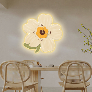 饰画LED墙上灯画餐厅创意奶油风时钟 客厅钟表家用挂钟异形花卉装