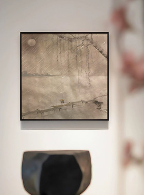 《行雨》中式复古风景酒店客厅玄关装饰画壁画方形书房卧室挂画