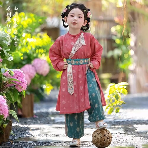 女童唐制圆领袍汉服套装4D印染