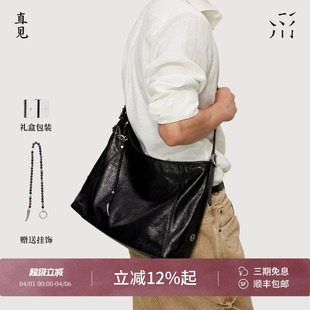 托特黑色单肩斜挎男包包 直见一撇hobo大号油蜡牛皮大容量男女同款