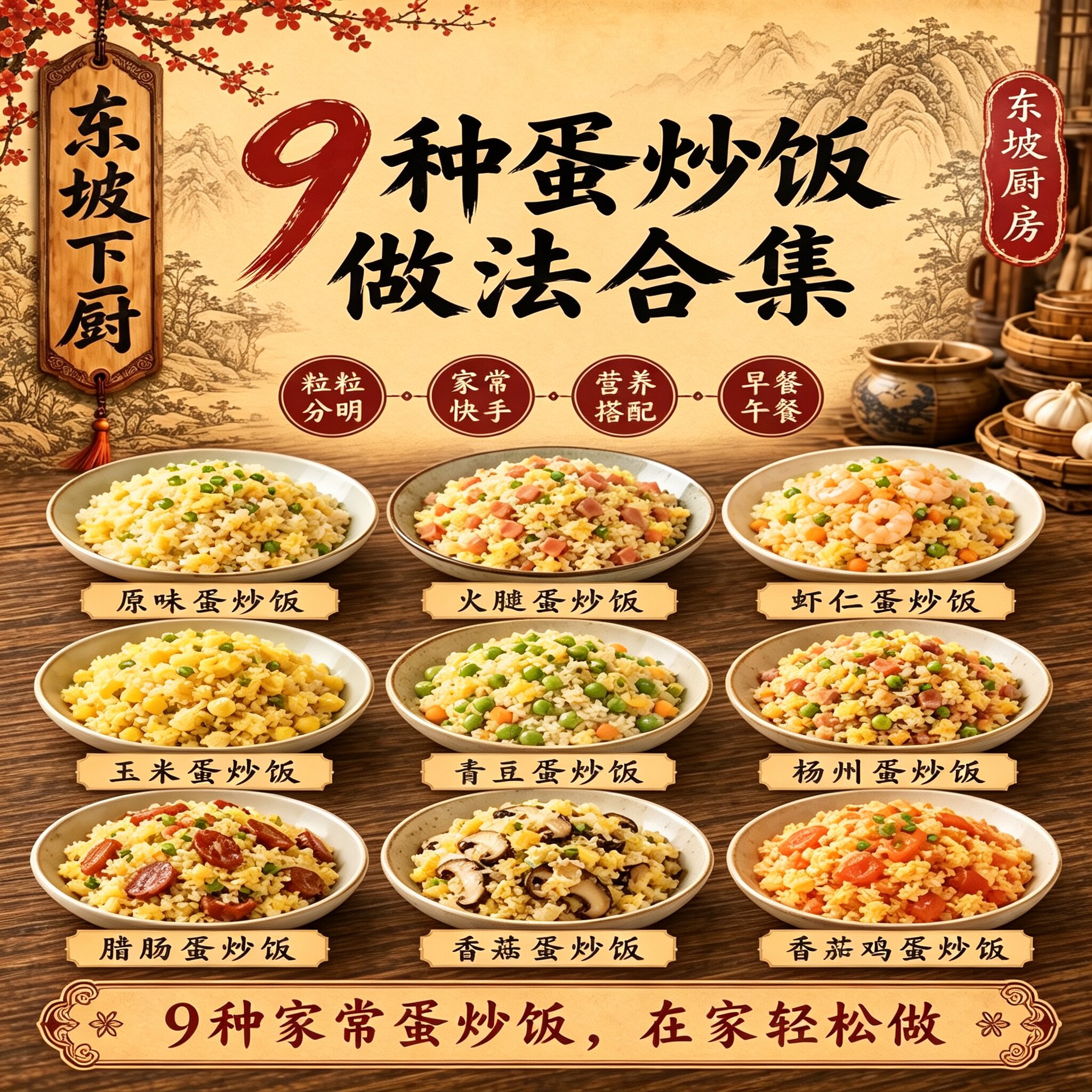 九款家常蛋炒饭秘制做法教程粒粒分明调味配比早餐摆摊小吃创业