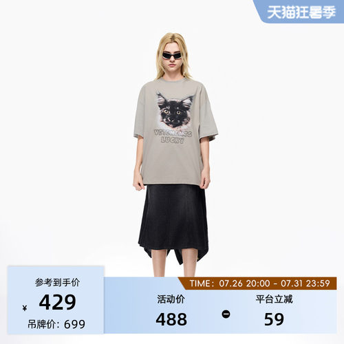 VETEMENTS纯棉白墨直喷猫咪T恤